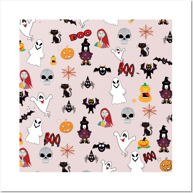 jack skellington  at Halloween bats and pumpkins pattern Wall Art by Ahmed1973